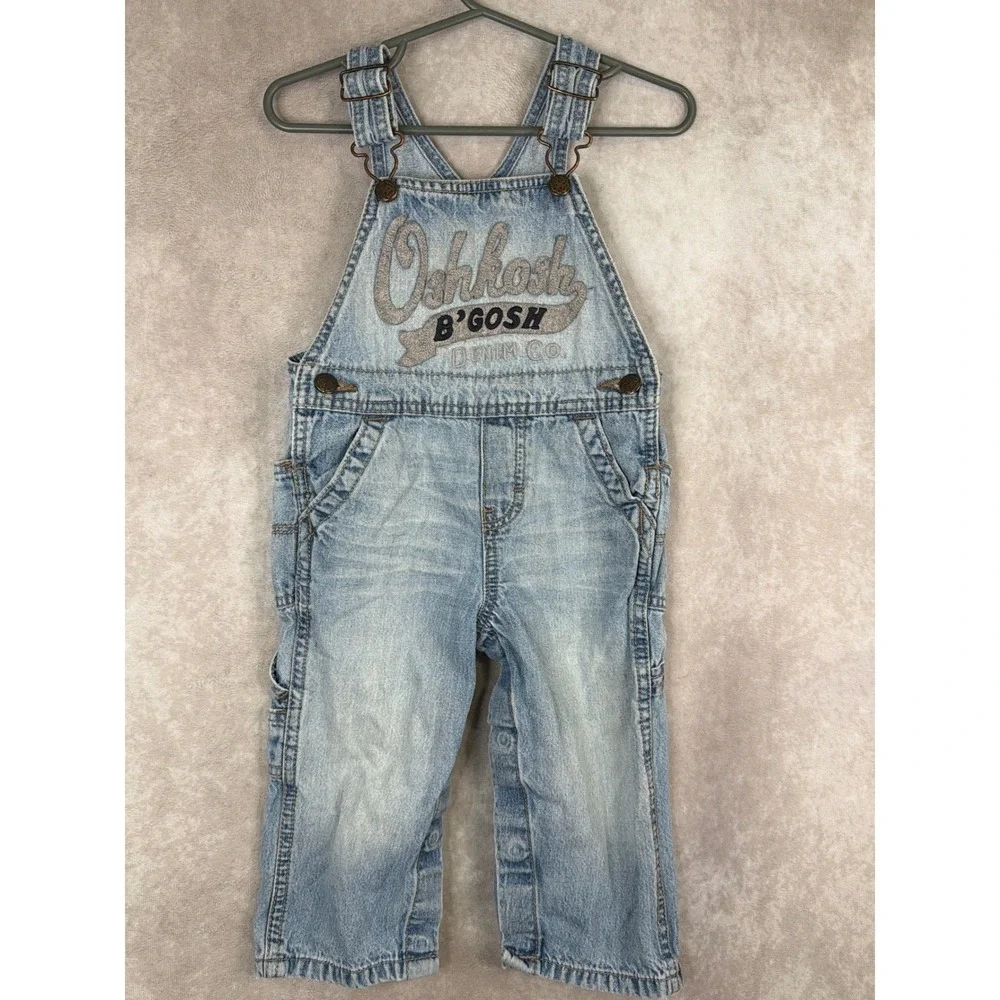 Oshkosh B'gosh Denim Overalls Light Wash Logo Patch Kids 18 Months Snap Crotch‎